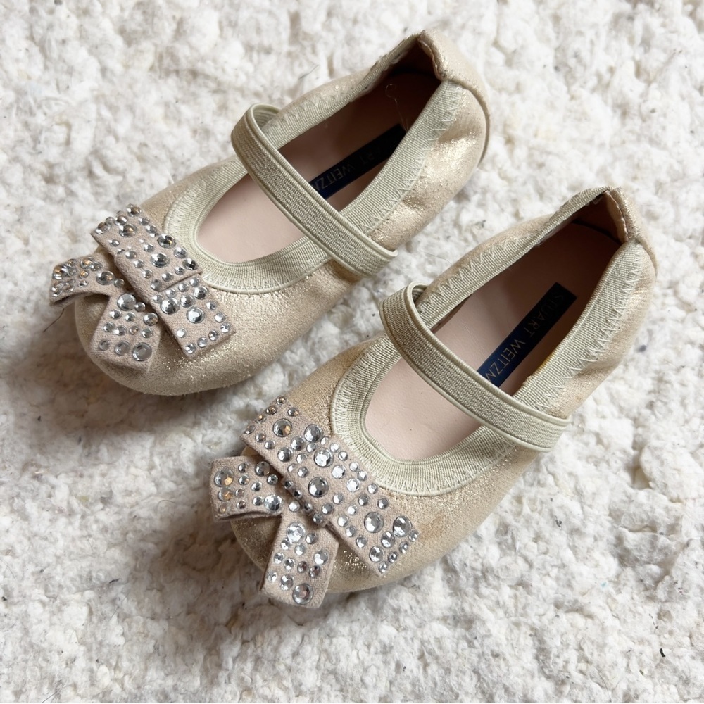 Stuart Weitzman Fannie Stardust Mary Jane Gold Sparkle Baby Ballets Sz 5